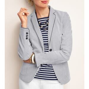 Talbots Stripe Piped Blazer Jacket in Black and‎ White Cotton Stretch, Size 4